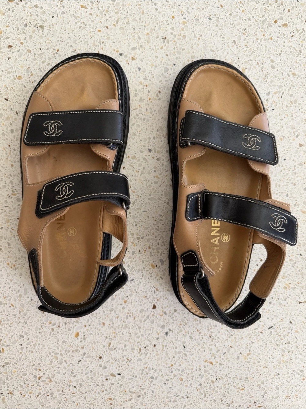 CHANEL Dad Sandals Black and Tan Leather Double-Strap Sandals size 40